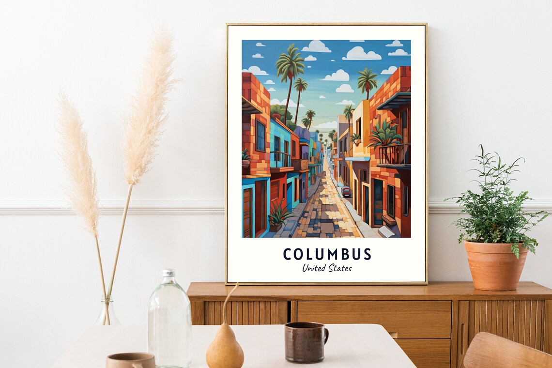 Columbus United States Colorful Palm Lined Street Travel Poster - Image 2