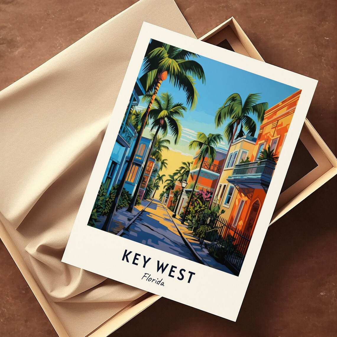 Key West Florida Palm Lined Street And Colorful Sunset Houses Poster - Image 3