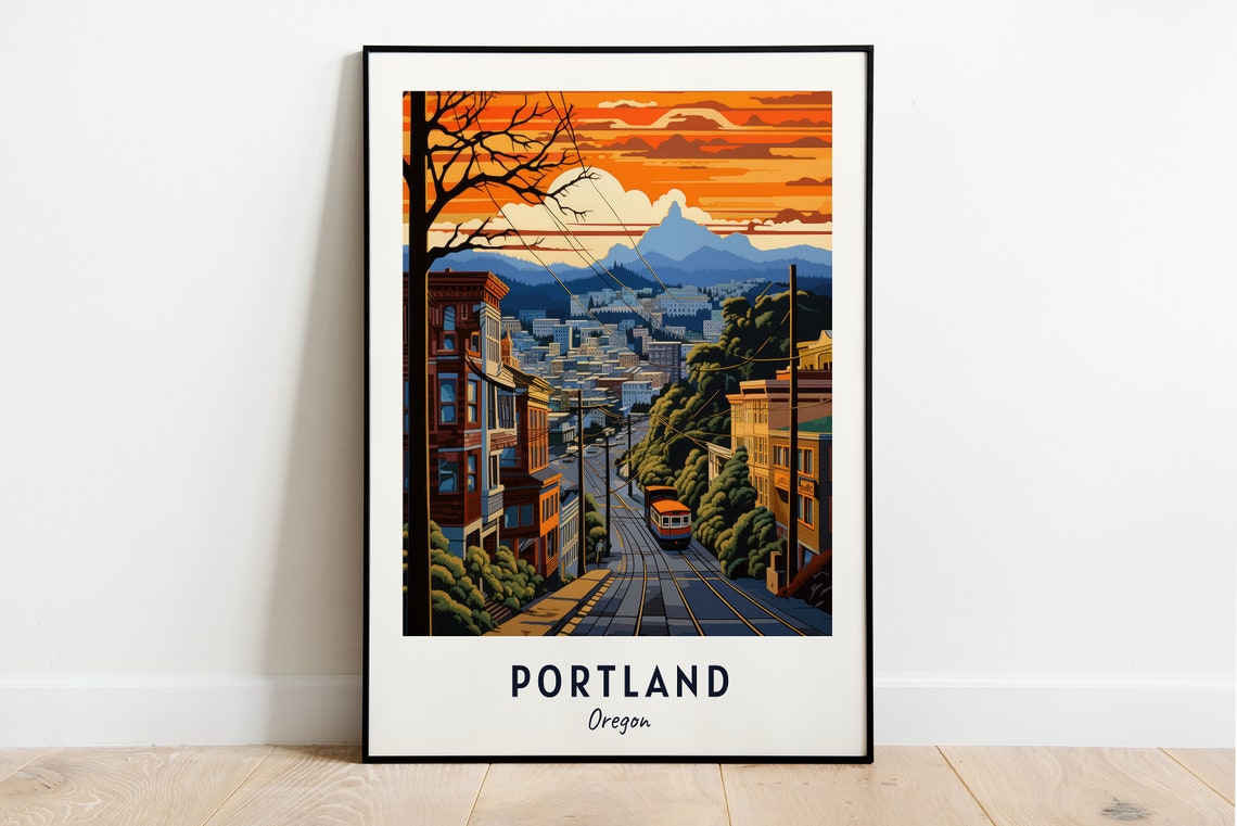 Portland Oregon Streetcar Mount Hood Sunset Cityscape Travel Poster