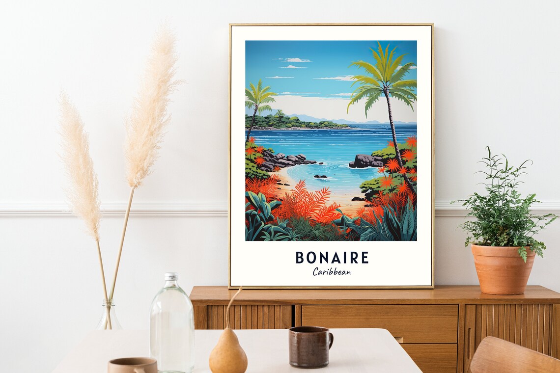 Bonaire Caribbean Tropical Beach Palm Cove Island Scene Travel Poster - Image 2