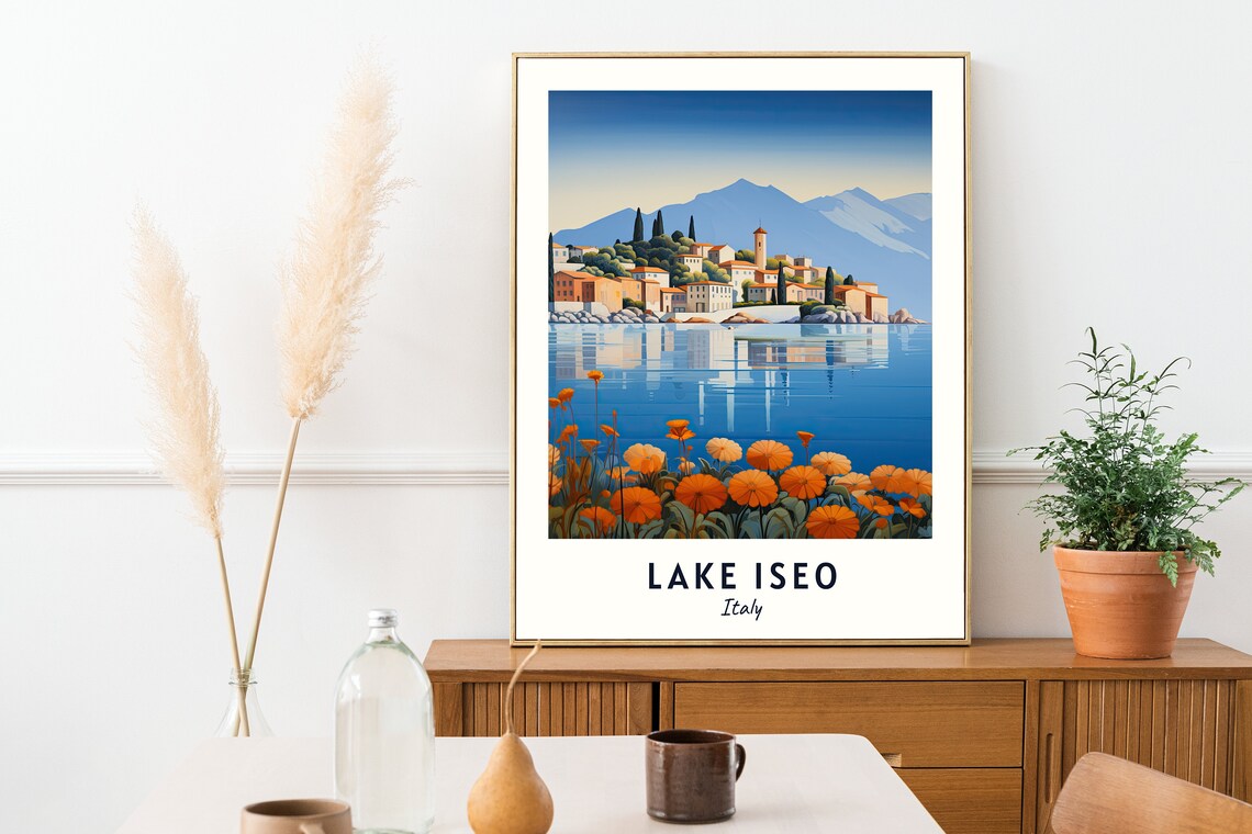 Lake Iseo Italy Lakeside Village Sunset Orange Flowers Poster - Image 2