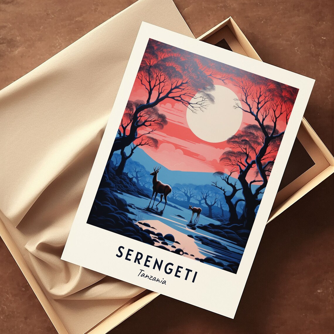 Serengeti Tanzania Sunset Antelope River Acacia Trees Poster - Image 3