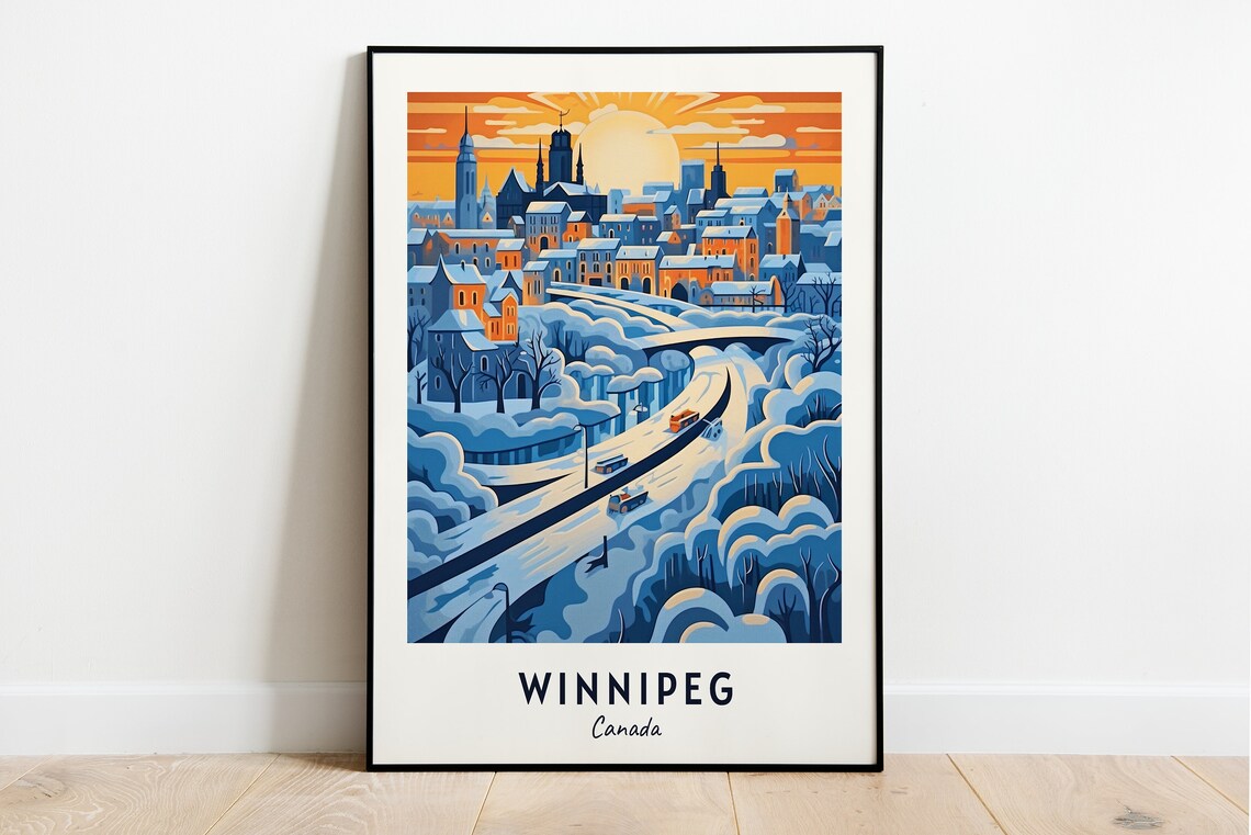 Winnipeg Canada Snowy Winter Sunset Downtown Cityscape Travel Poster