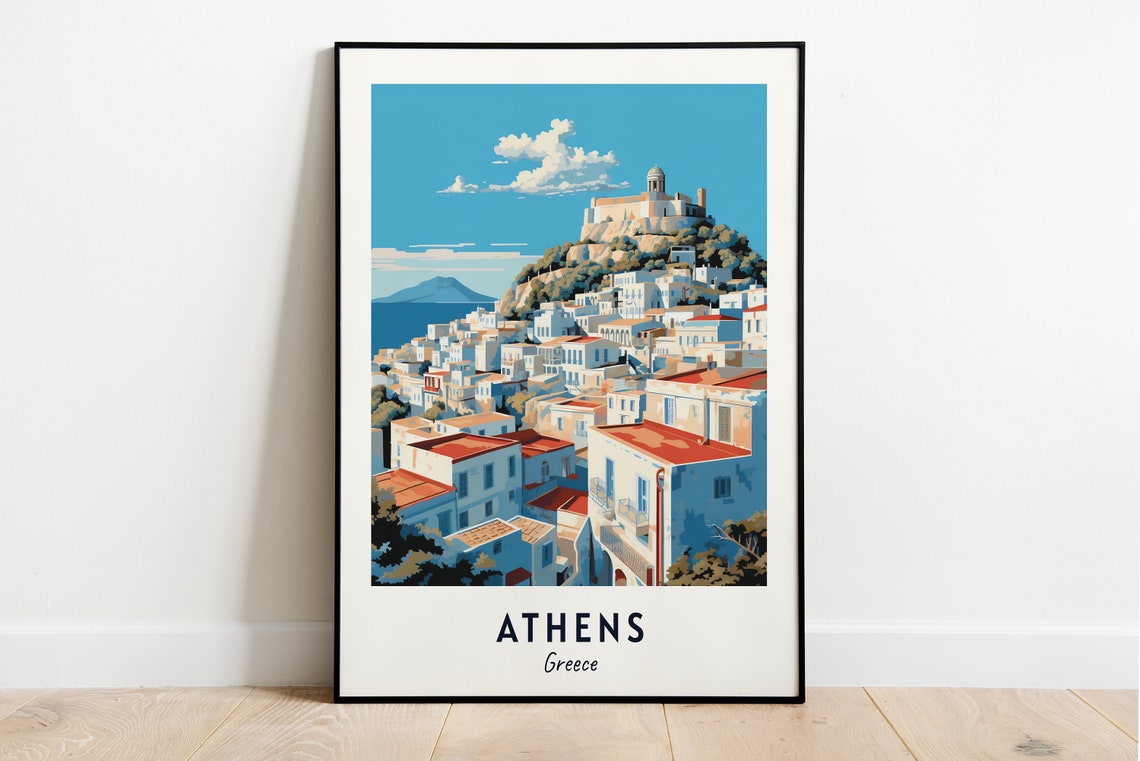 Athens Greece Whitewashed Hillside Town Fortress Travel Poster