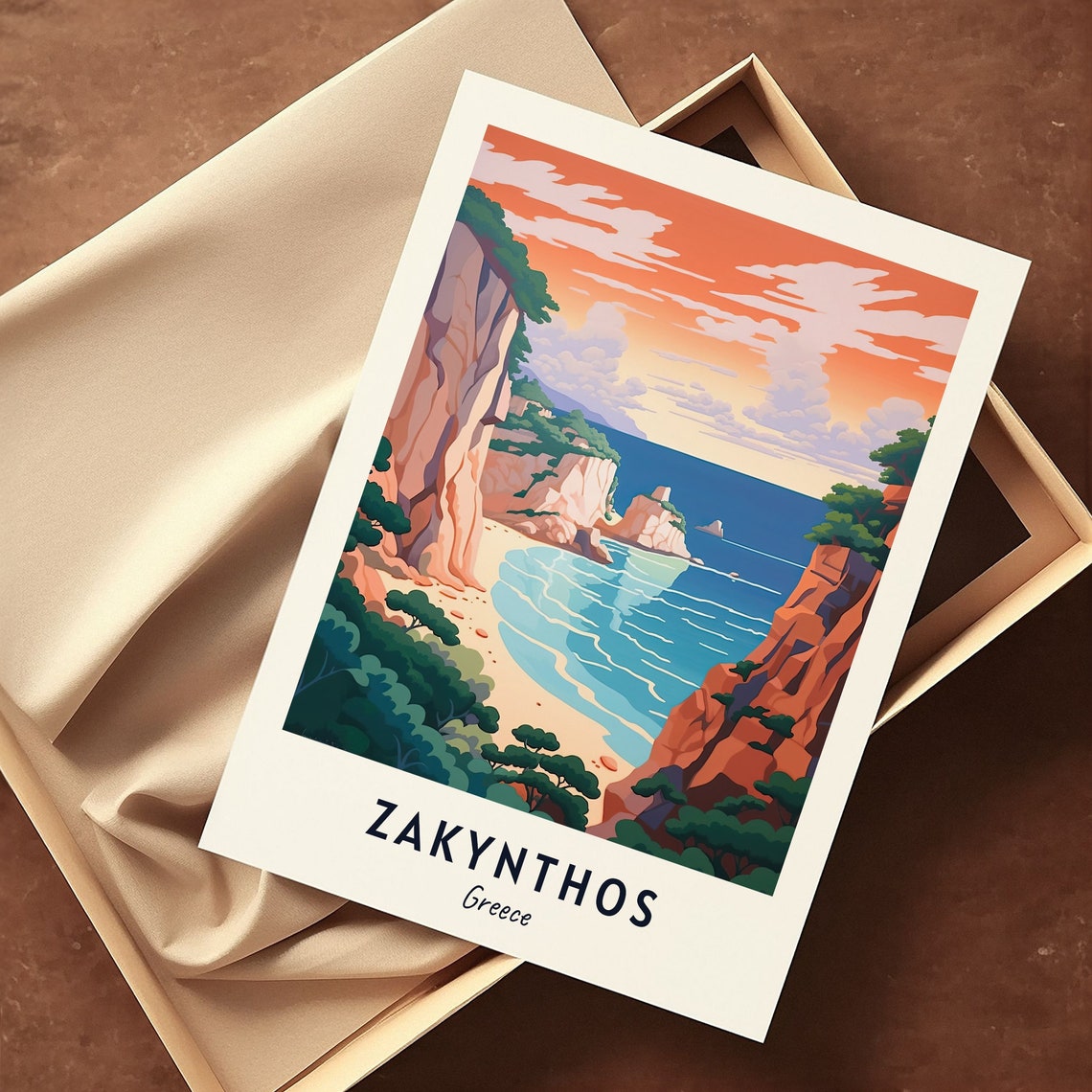 Zakynthos Greece Dramatic Cliffs Beach Cove Sunset Travel Poster - Image 3
