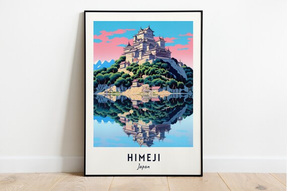 Himeji Japan White Castle Reflected In The Lake Pink Sky Travel Poster