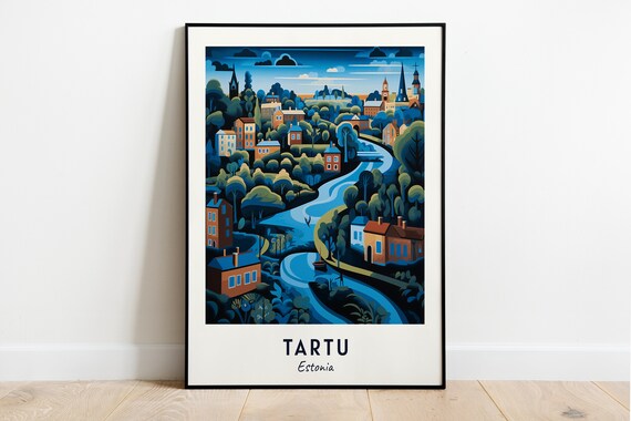Tartu Estonia Moonlit River Old Town Night Art Travel Poster