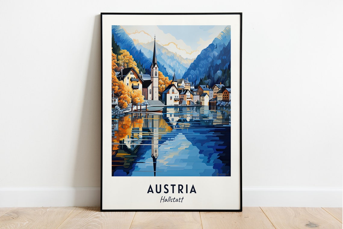 Hallstatt Austria Lakeside Village Church Reflection Travel Poster