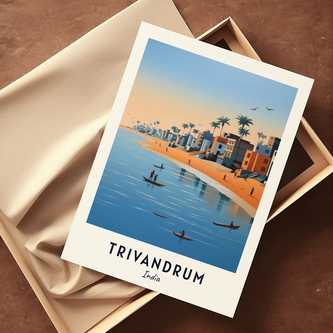 Trivandrum India Beach Fishing Boats Sunset Kerala Travel Poster - Image 3