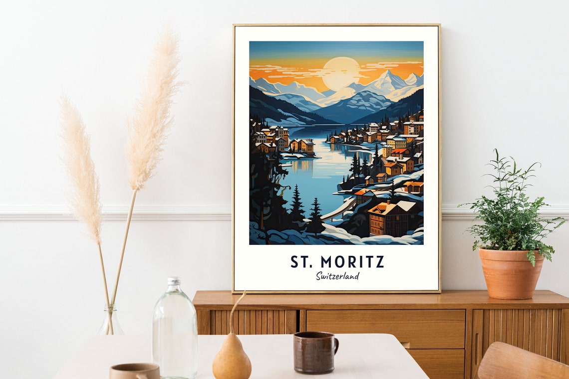 St. Moritz Switzerland Alpine Lake Village Sunset Travel Poster - Image 2