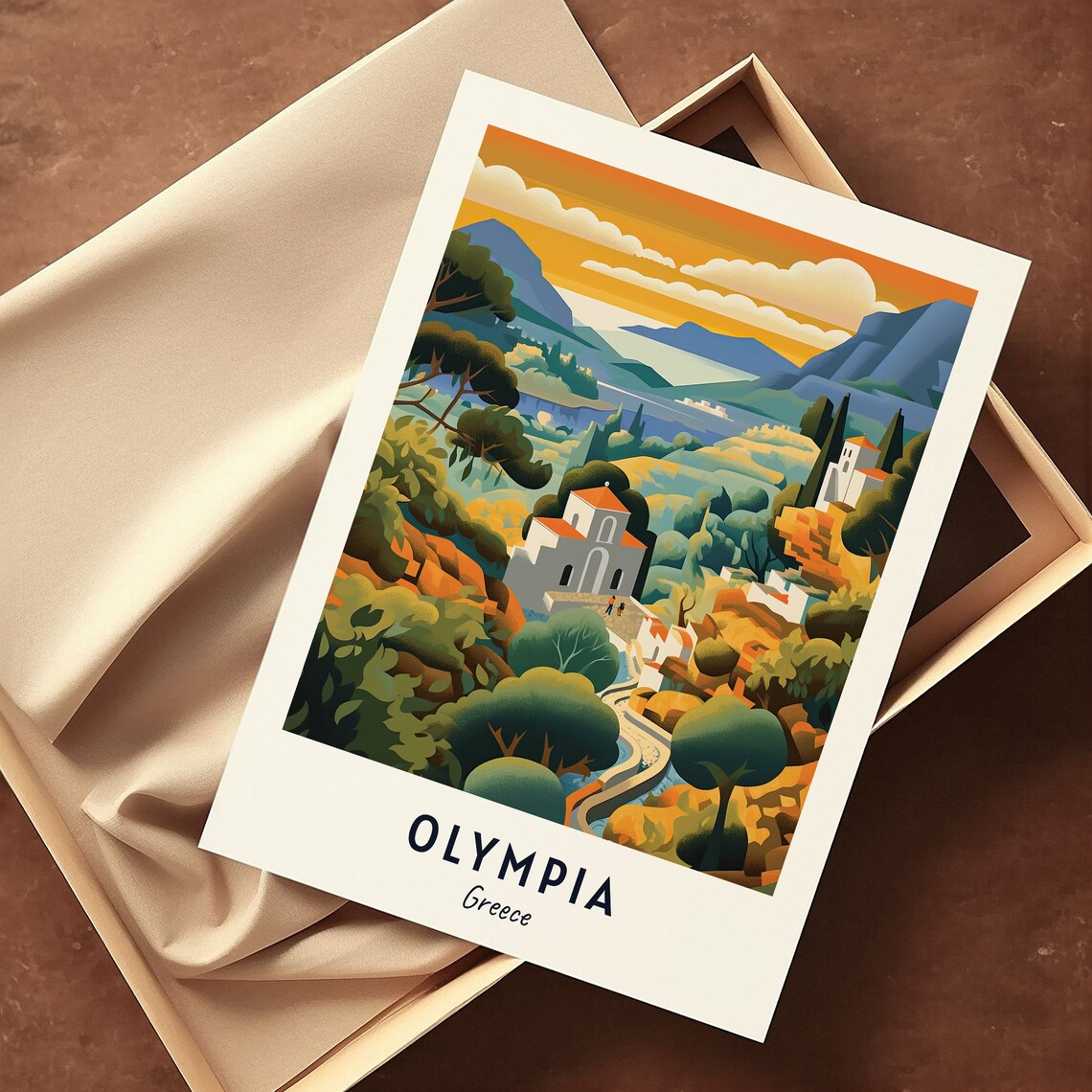 Hillside Village at Golden Sunset Olympia Greece Travel Poster - Image 3
