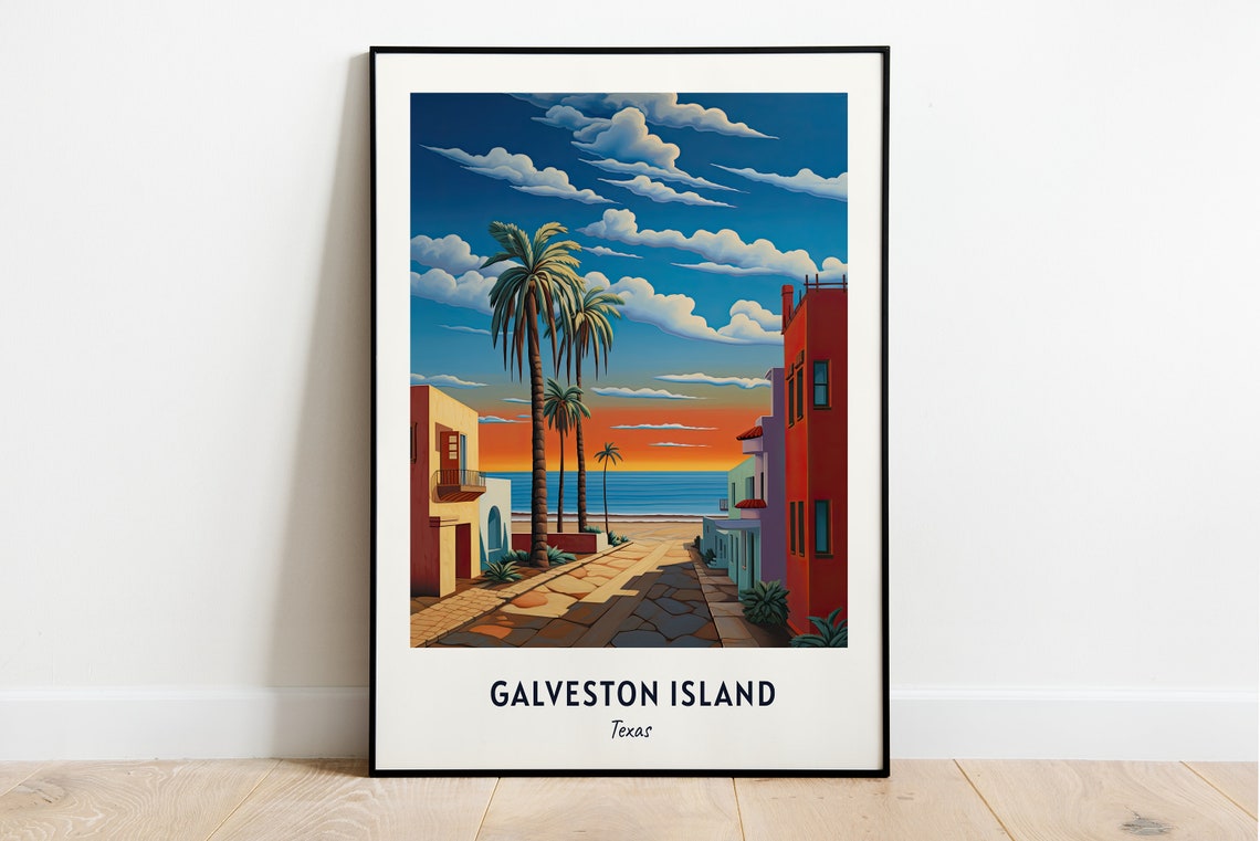 Galveston Island Texas Palm Tree Street Leading to Ocean Sunset Poster