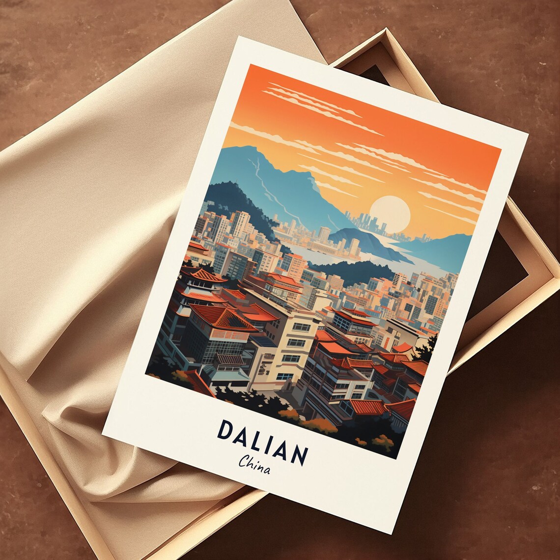 Dalian China Sunset Skyline Cityscape Over The Bay Travel Poster - Image 3