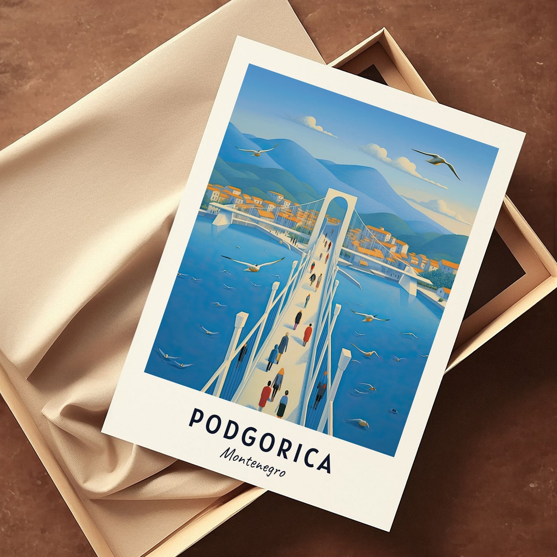 Podgorica Montenegro White Suspension Bridge Over Blue Water Poster - Image 3