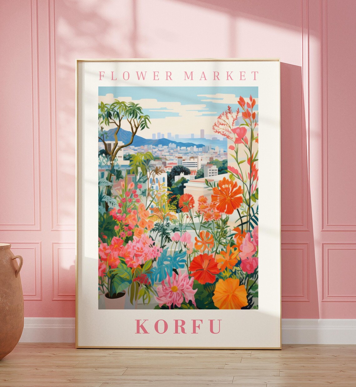 Korfu Flower Market Poster with Greek Hillside Blossom Garden View