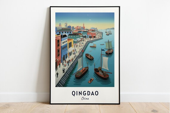 Scenic Qingdao China Historic Old Harbor With Sailing Junks Poster