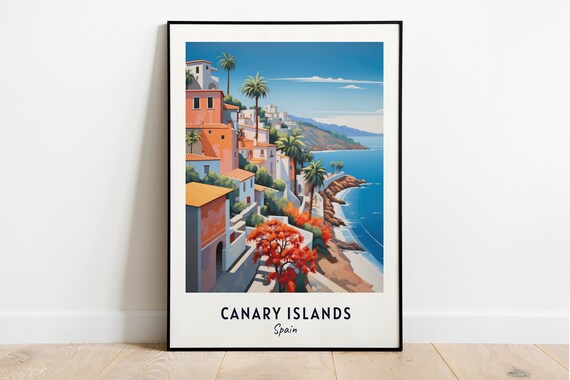 Canary Islands Spain Palm Trees Coastal Village Rocky Cliff Poster