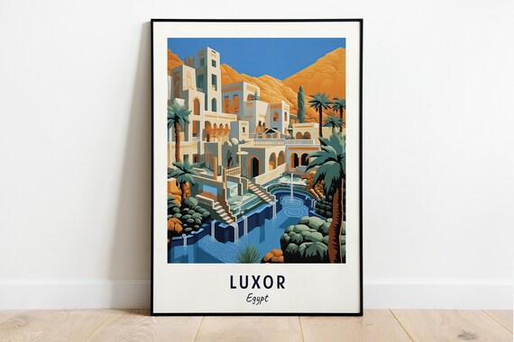 Luxor Egypt Ancient Desert City Palms Pool Golden Mountains Travel Poster