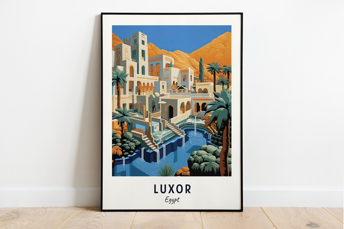 Luxor Egypt Ancient Desert City Palms Pool Golden Mountains Travel Poster
