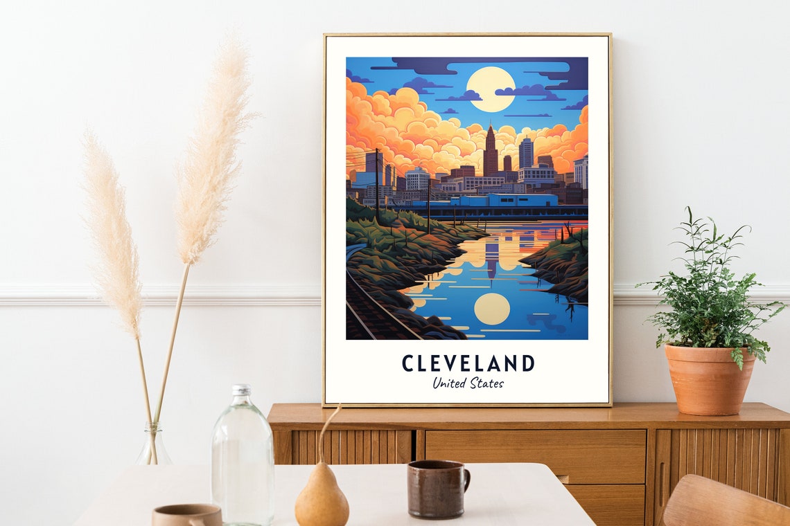 Cleveland United States Skyline Sunset Reflected In River Poster - Image 2