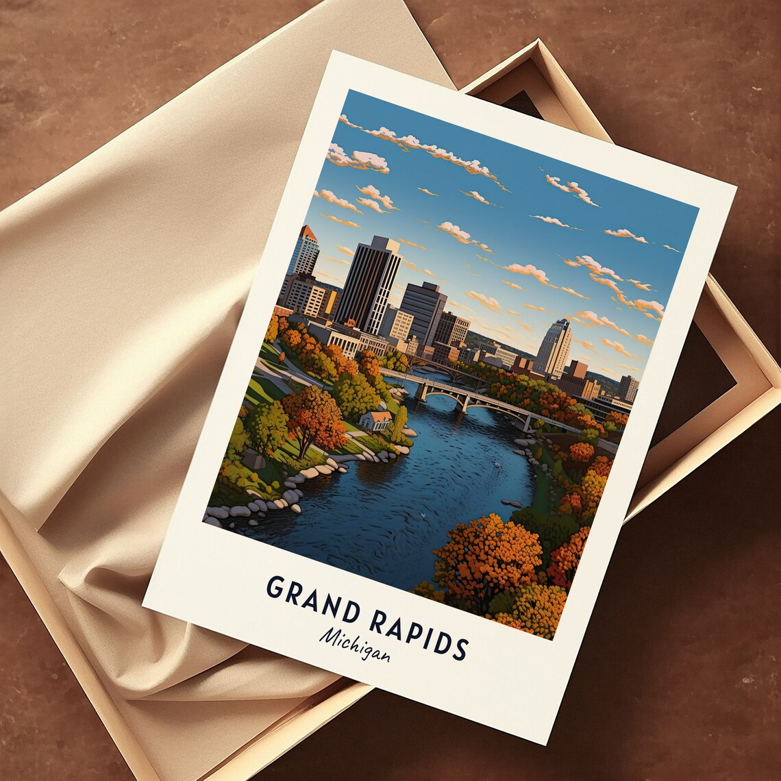 Golden Autumn Grand Rapids Michigan Foliage River Cityscape Poster - Image 3