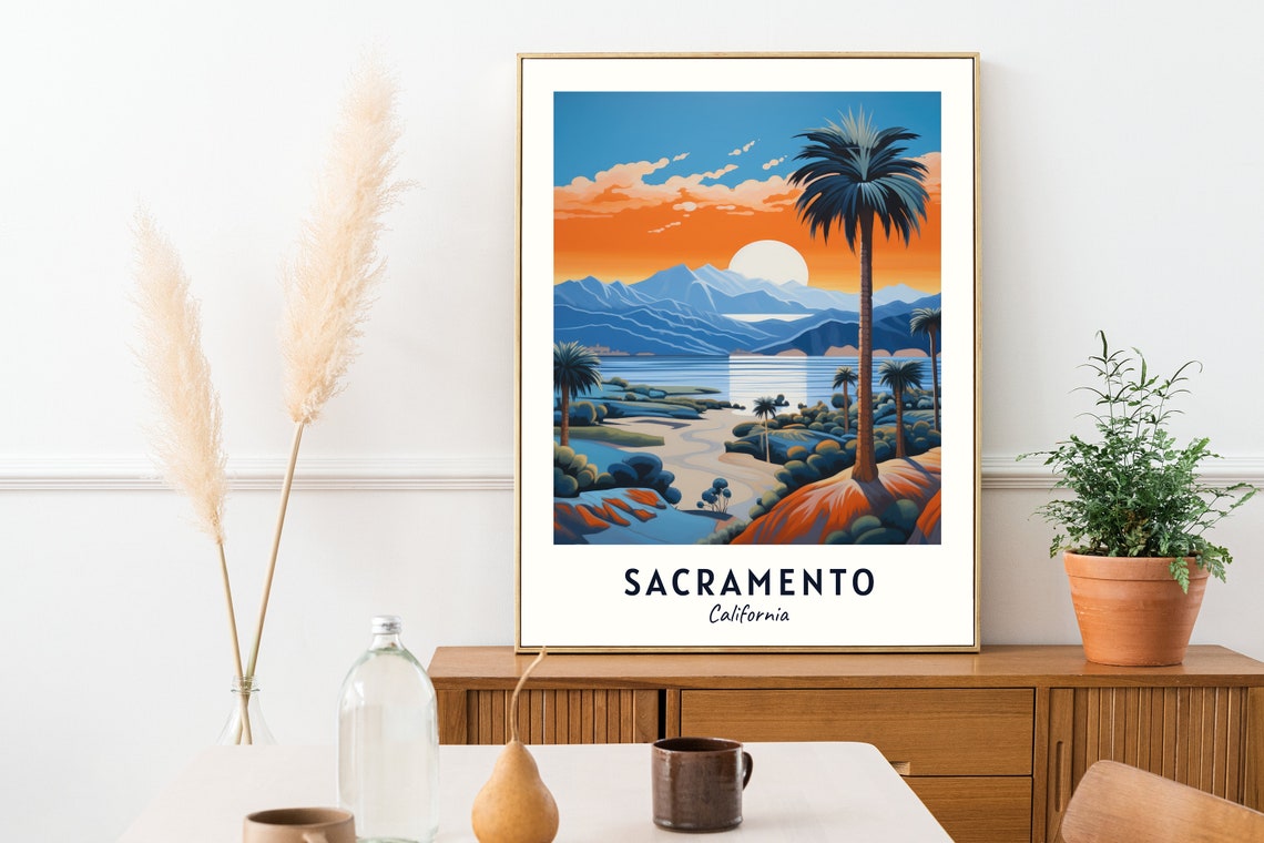 Sacramento California River Sunset Palms and Mountains Travel Poster - Image 2
