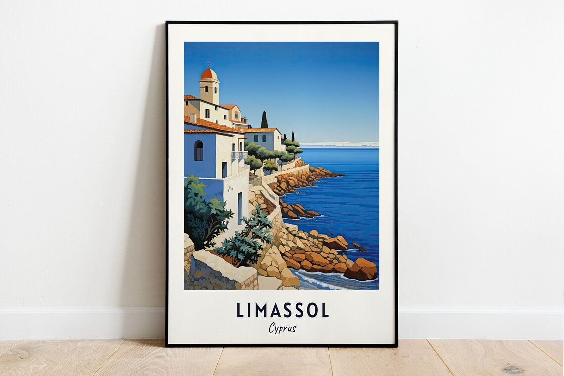 Limassol Cyprus Cliffside Chapel Rocky Mediterranean Shore Travel Poster