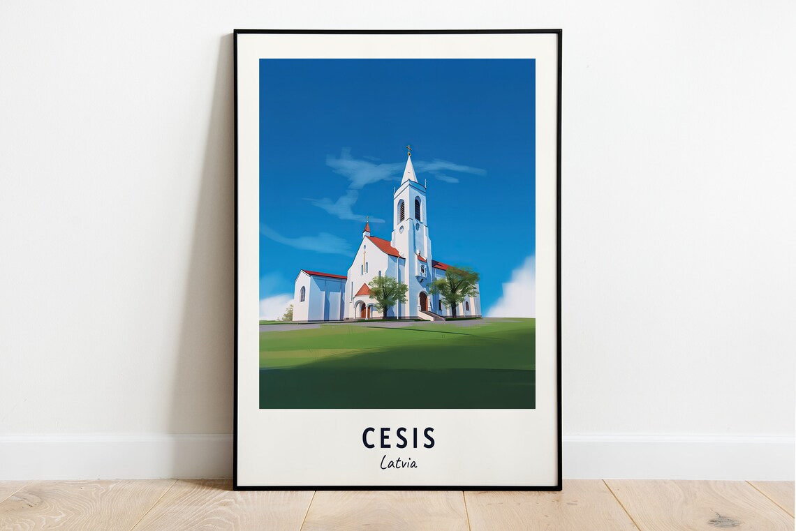 Cesis Church on the Green Hill Under Blue Sky Latvia Travel Poster