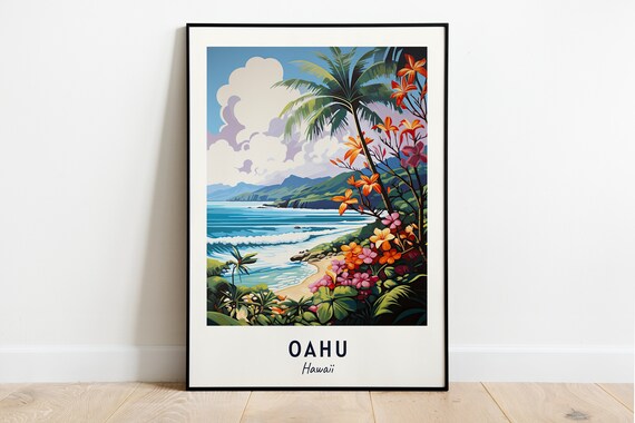 Oahu Hawaii Palm Tree Beach Turquoise Ocean Daytime Travel Poster