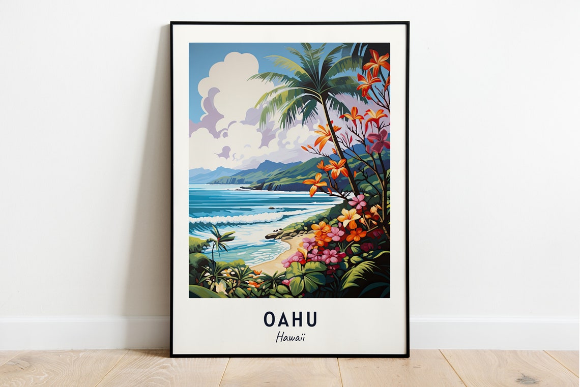 Oahu Hawaii Palm Tree Beach Turquoise Ocean Daytime Travel Poster