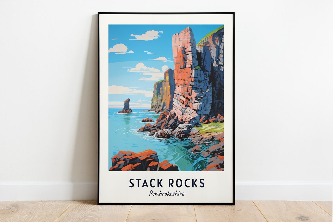 Stack Rocks Pembrokeshire Red Sea Cliffs Coastal Day Scene Poster