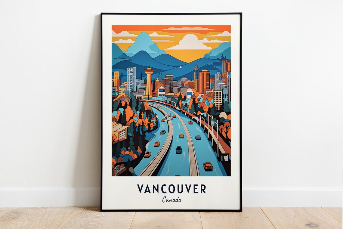Vancouver Canada City Skyline Highway Sunset Mountains Travel Poster
