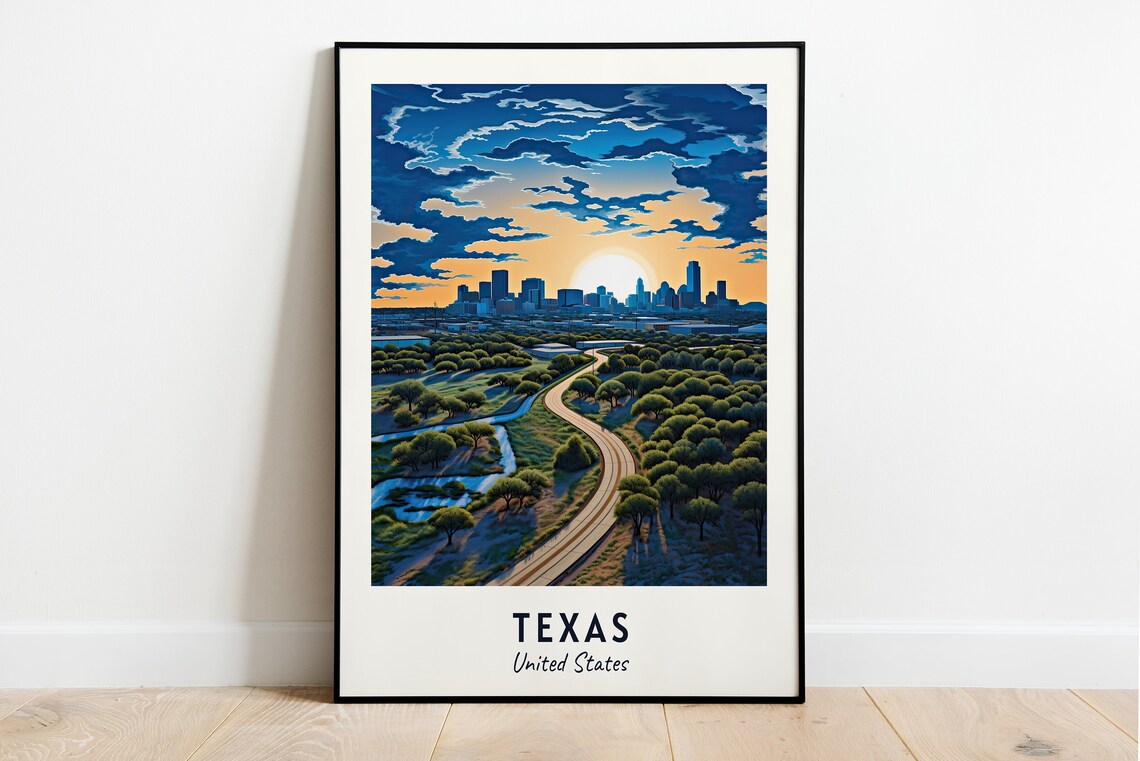 Texas Sunset Skyline Winding Road Hill Country Travel Poster