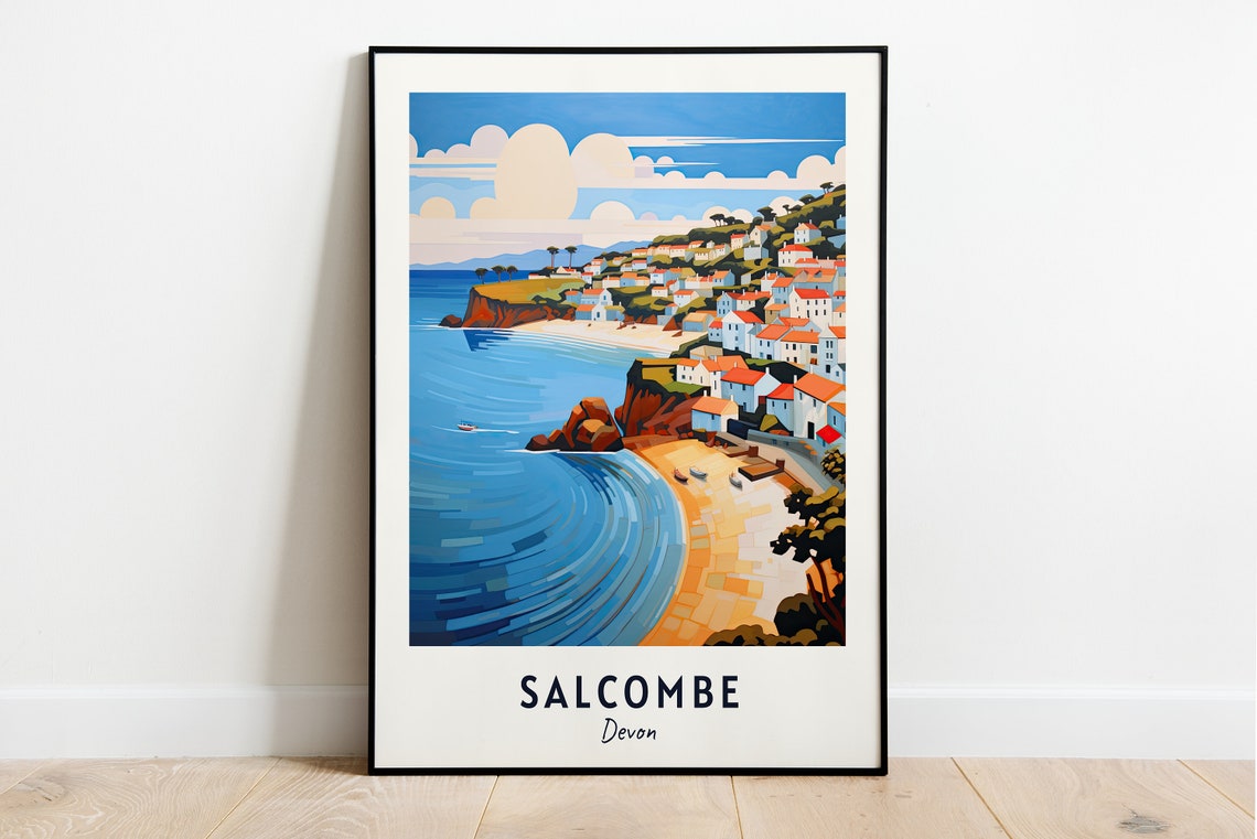 Salcombe Devon Cliffside Town and Turquoise Bay Travel Poster