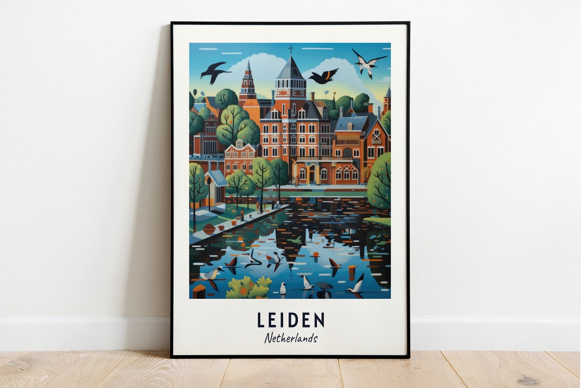 Leiden Netherlands Canal Historic Brick Building Travel Poster