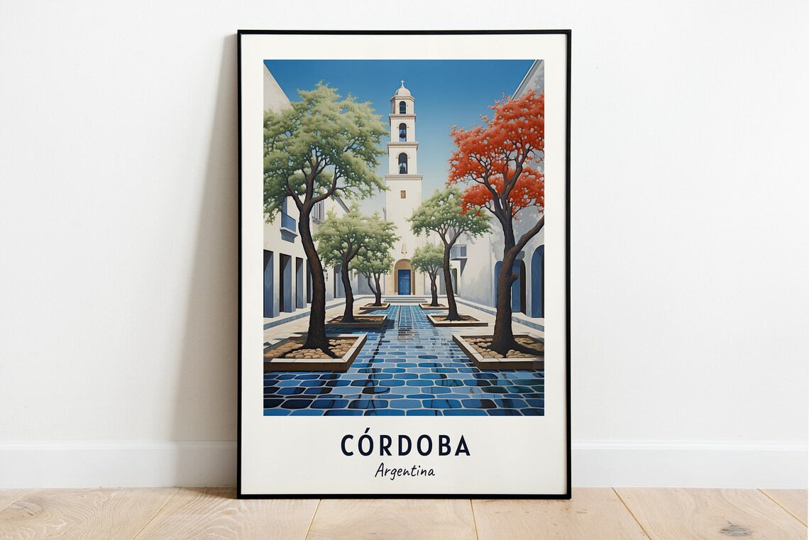 Cordoba Argentina Church Tower Courtyard Plaza Travel Poster