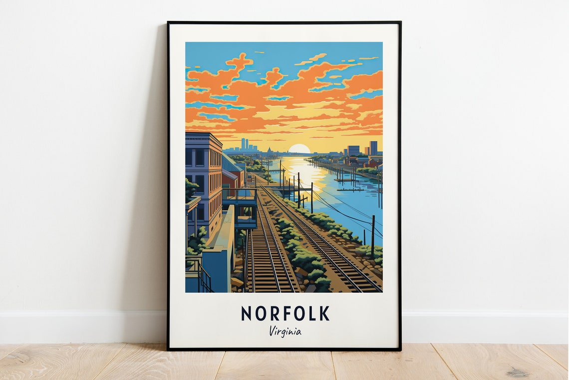 Norfolk Waterfront Rail Tracks at Sunset Virginia Travel Poster
