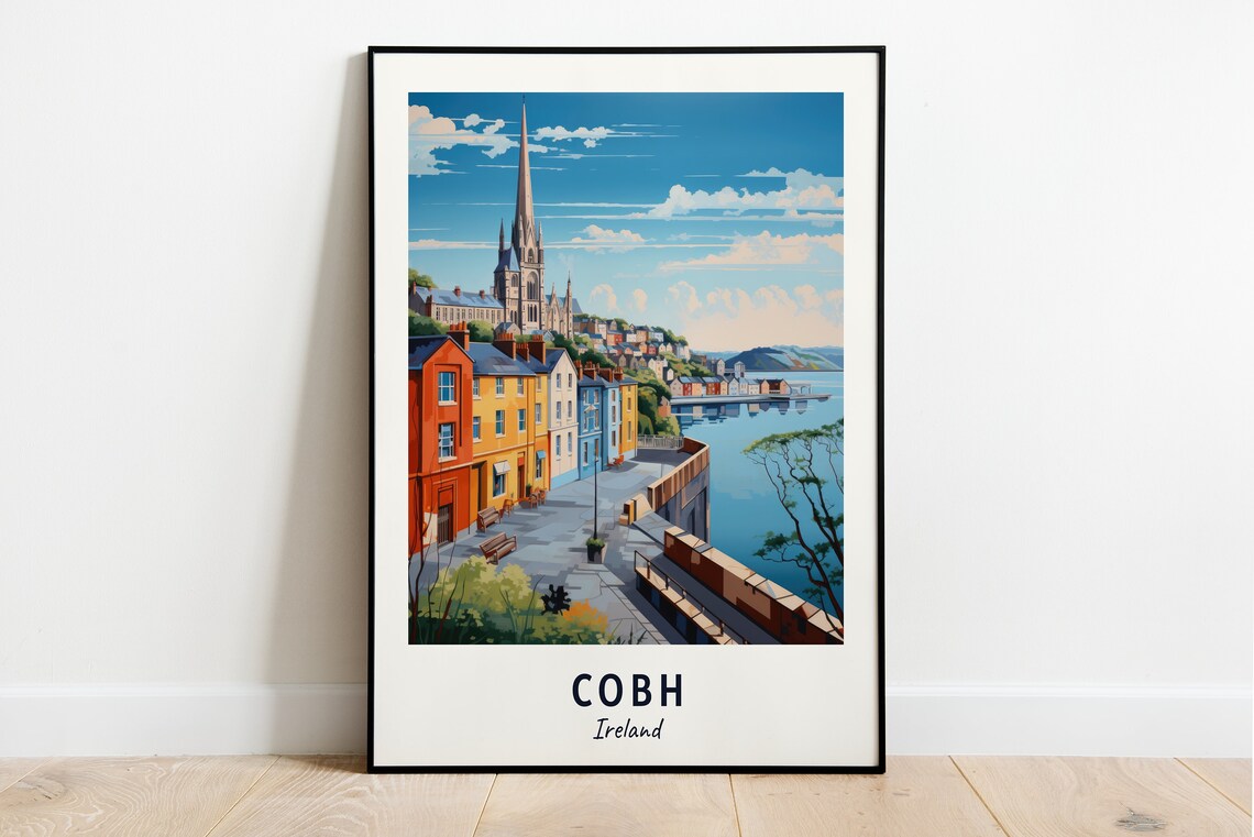 Cobh Ireland Harbor Town Cathedral Spire Vintage Travel Poster