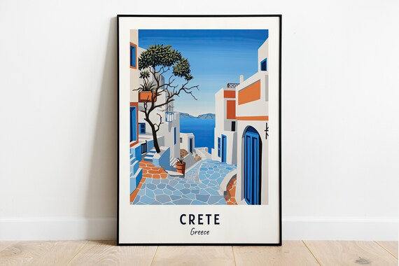 Crete Greece Whitewashed Alley Blue Doors Seaside Steps Travel Poster