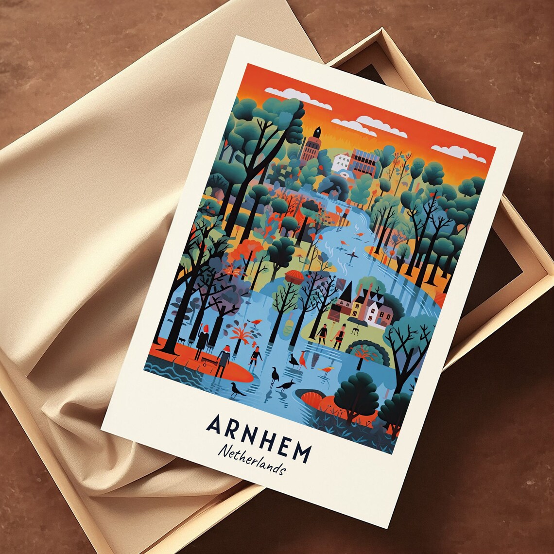 Arnhem Netherlands Sunset Park Wildlife Illustrated Travel Poster - Image 3