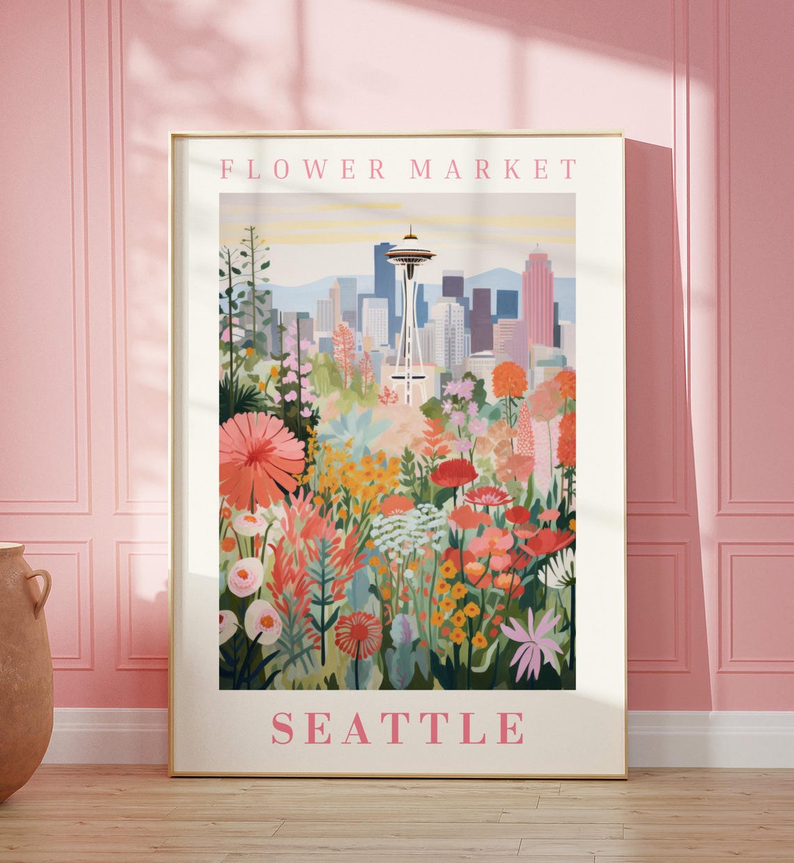 Seattle Flower Market Poster with Space Needle Sunset Flowers