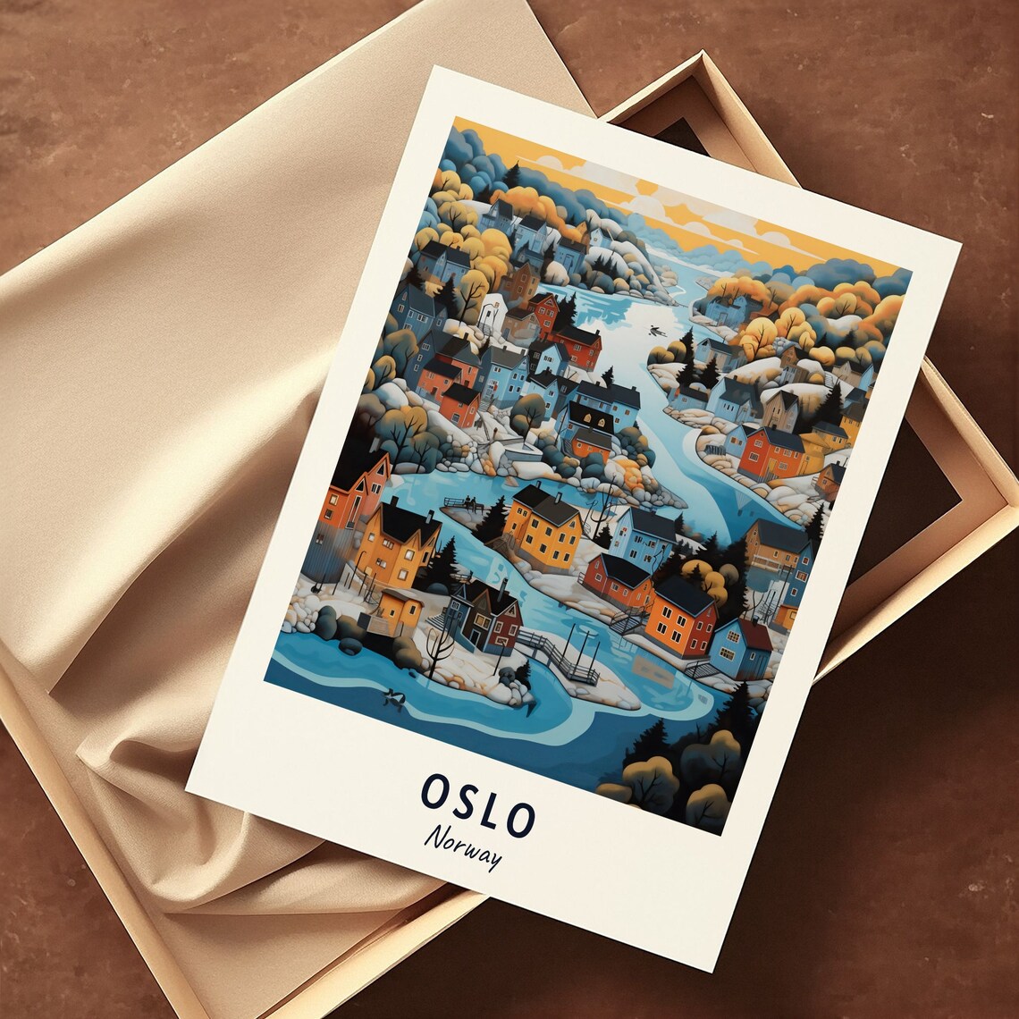 Oslo Winter Fjord Village Aerial Colorful Houses Travel Poster - Image 3