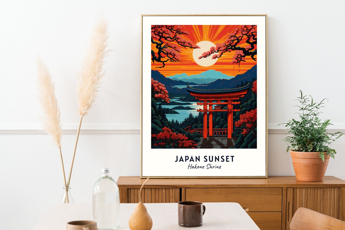 Hakone Shrine Japan Sunset Red Torii Gate Lake View Travel Poster - Image 2