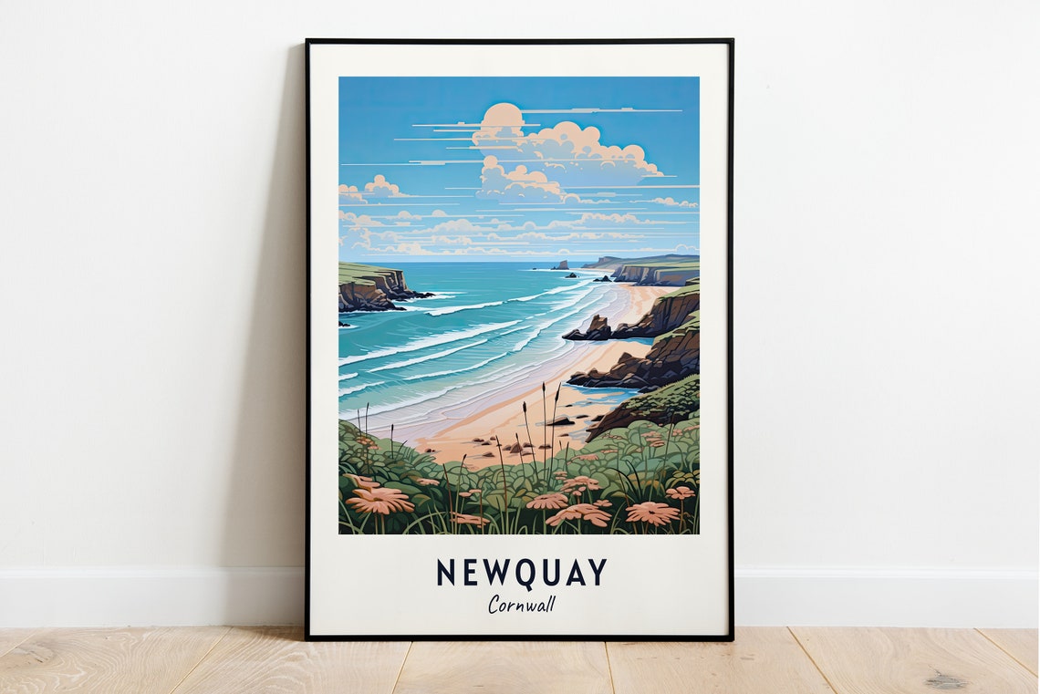 Newquay Cornwall Sandy Beach With Turquoise Waves And Cliffs Poster