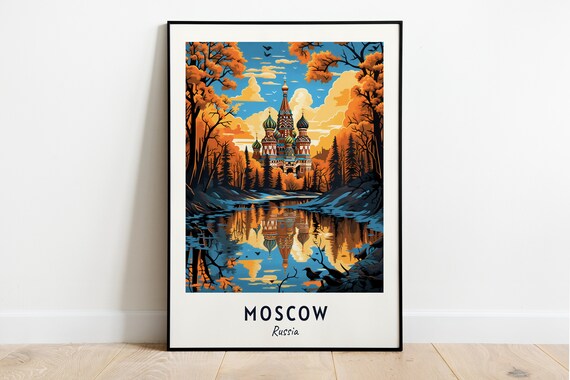 Moscow Russia Travel Poster with St. Basil's Cathedral at Sunset