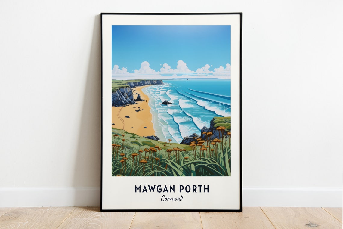 Mawgan Porth Cornwall Sandy Beach Beneath Sea Cliffs Travel Poster