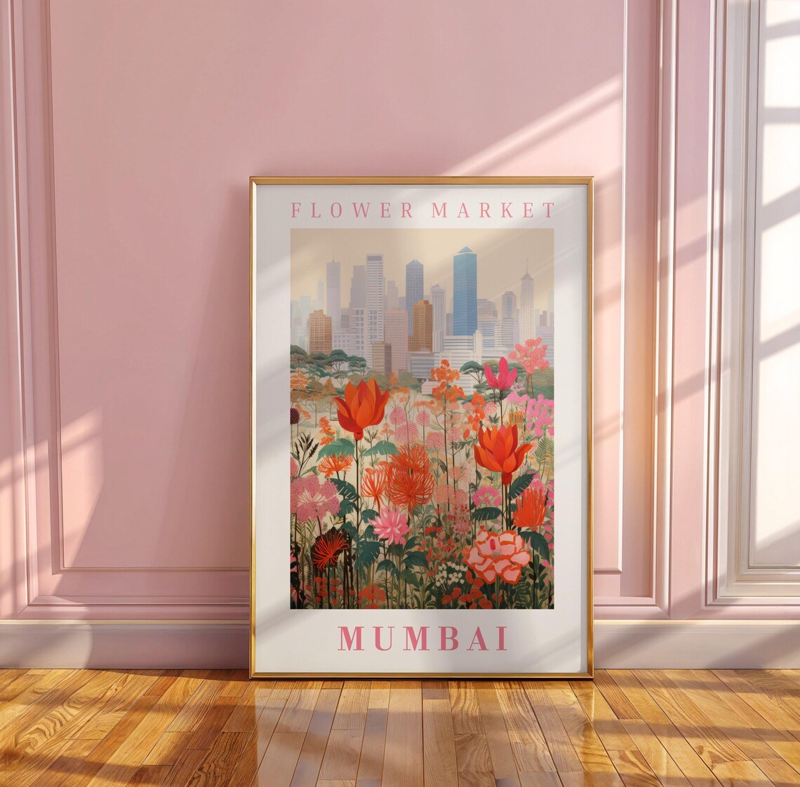 Mumbai India Flower Market Orange Lotus Bloom Skyline Travel Poster - Image 3