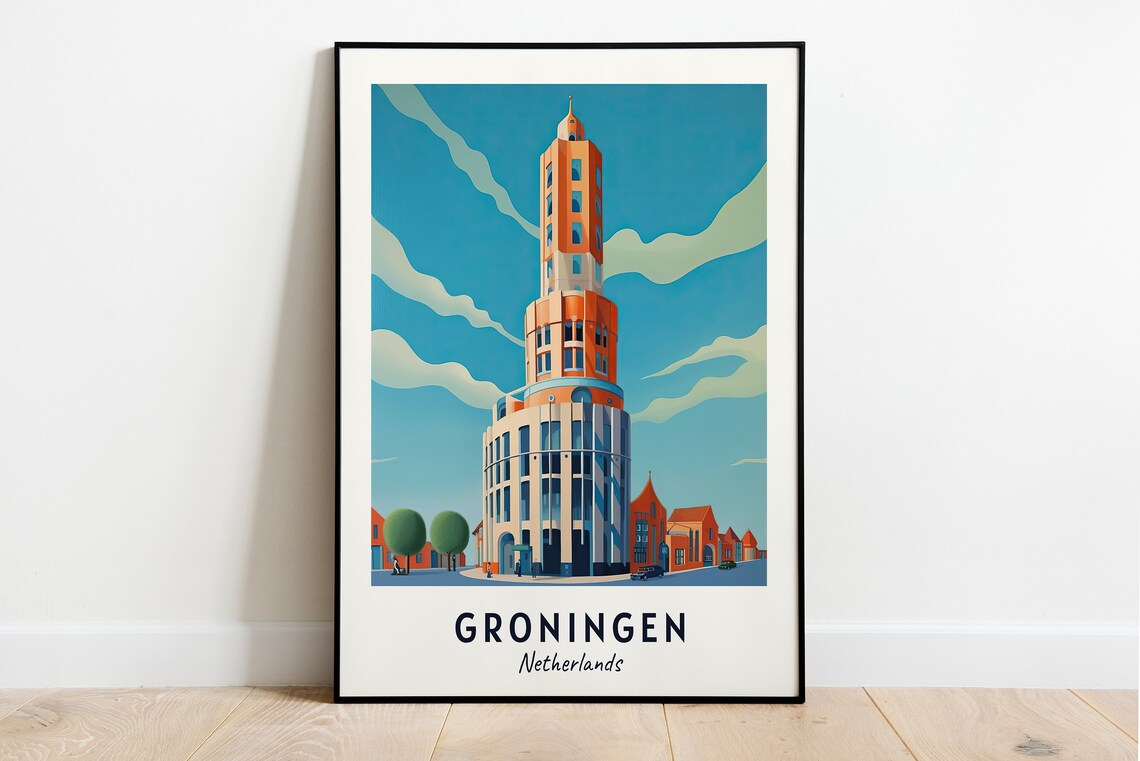 Martini Tower Groningen Netherlands Illustrated Travel Poster