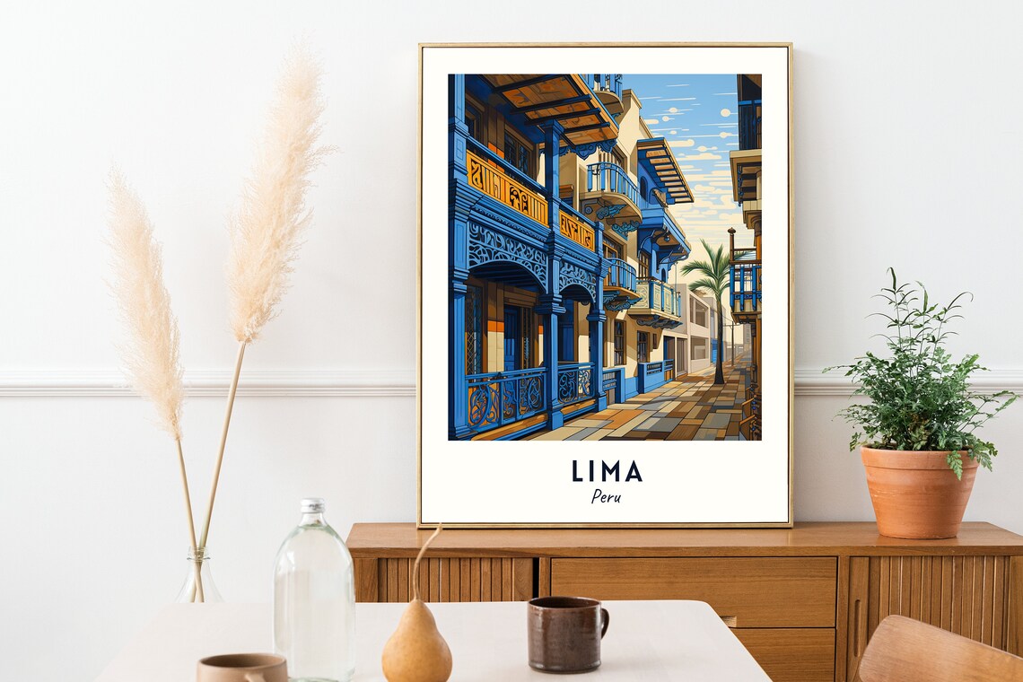 Lima Colonial Balconies Street in Historic Center Peru Travel Poster - Image 2