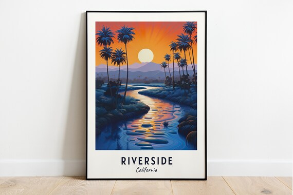 Riverside California Sunset Palm River Landscape Travel Poster